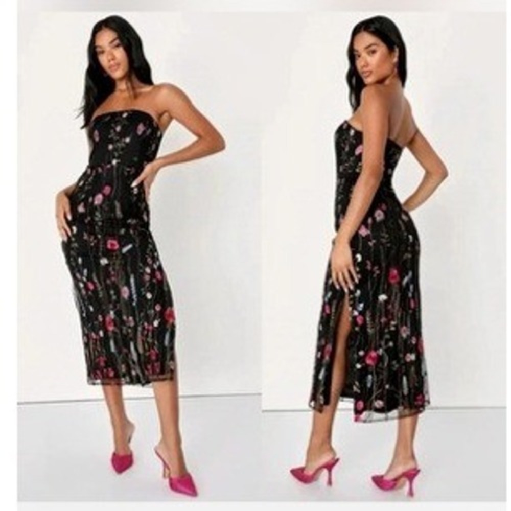 Lulus Black Floral Butterfly Embroidered Strapless Mesh Midi Dress Side Slit